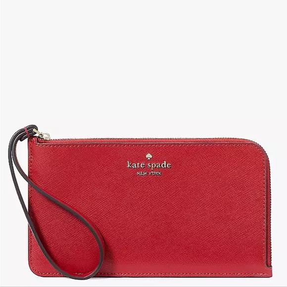 Kate Spade New Red Leather Wristlet Lucy Logo Top Zipper Bag New Red Clutch - Picture 2 of 8